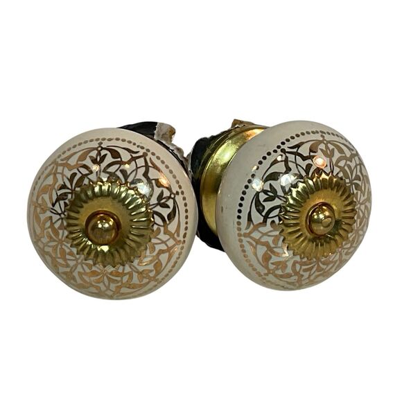 Set of 2 Ceramic Drawer Pulls Knobs Beige Gold Floral Gilt  1 1/2” NEW - Picture 1 of 5
